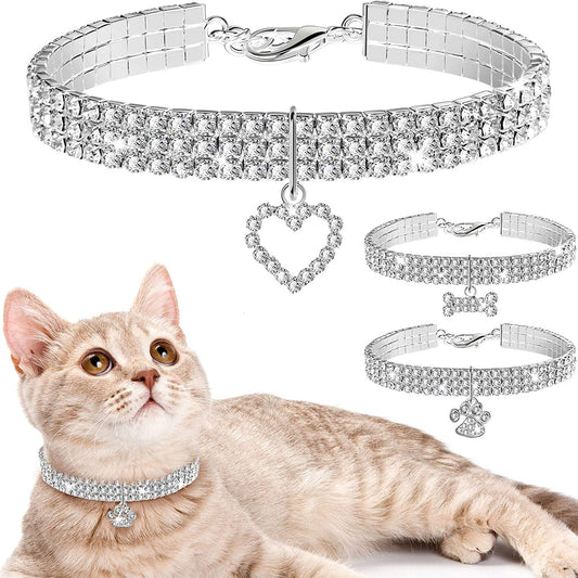 3-Piece Set of Rhinestone-Embellished Adjustable Pet Collars with Glitter Pendant for Small Dogs and Cats (White)