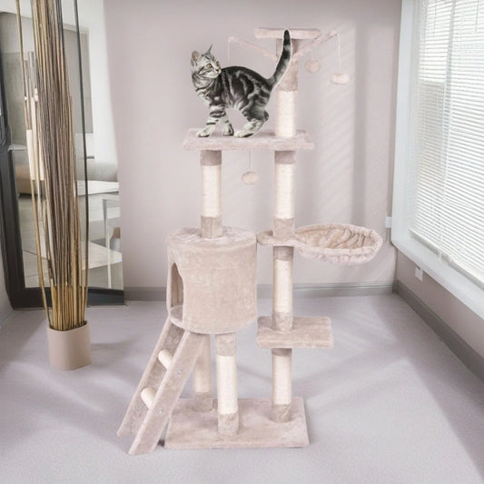 56-Inch Indoor Cat Tree Tower with Ladder, Scratching Posts, and Multi-Level Activity Center for Cats - Beige